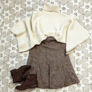 Herringbone Wool Blend Flaired Embroidered Midi Skirt